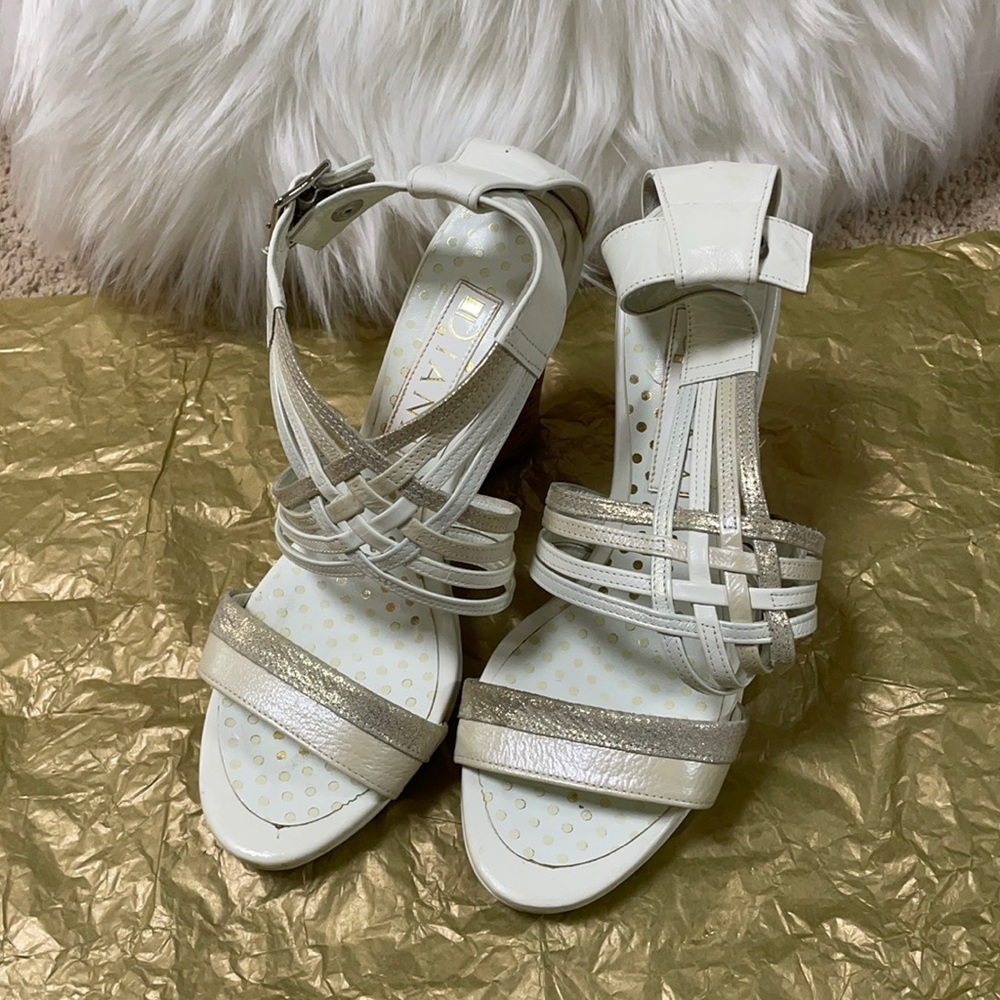 White Diana wedge heels with gold/silver